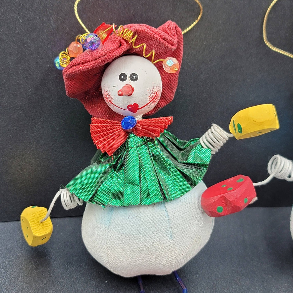Christmas Snowman Ornament Lot of 2 Hand Painted Wood Canvas Beaded LONG 12"