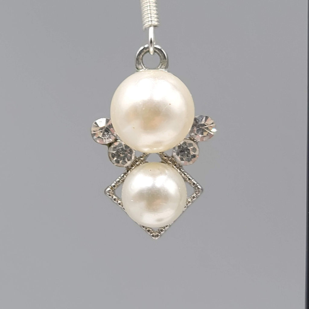 Pierced Earrings Silver tone Faux Pearl White Bead Rhinestone Dangle 7/8"