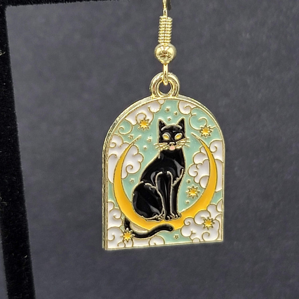 Pierced Earrings Gold tone Enamel Black Cat Crescent Moon Dangle 1"