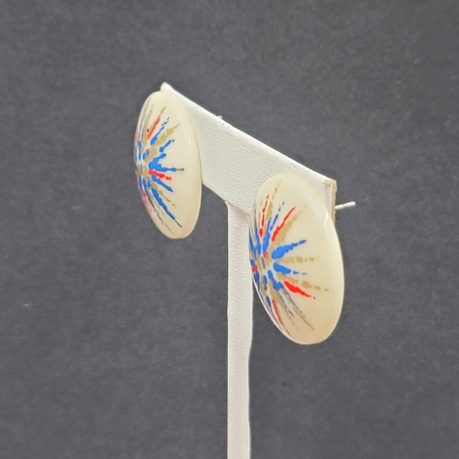 Vintage Pierced Earrings Acrylic White Red Blue Gold Artistic Round Drop 1 1/8"