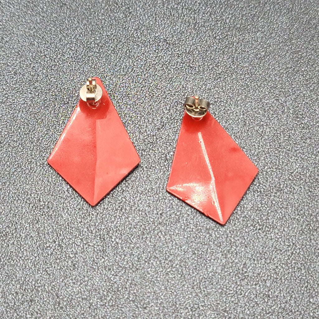 Vintage Pierced Earrings Red Enamel Geometric Drop 1 1/8"