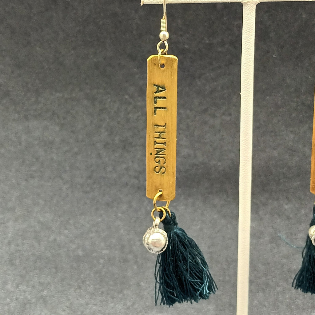 Pierced Earrings "All Things Are Possible" Brass Green Tassel Dangle 3 1/4"