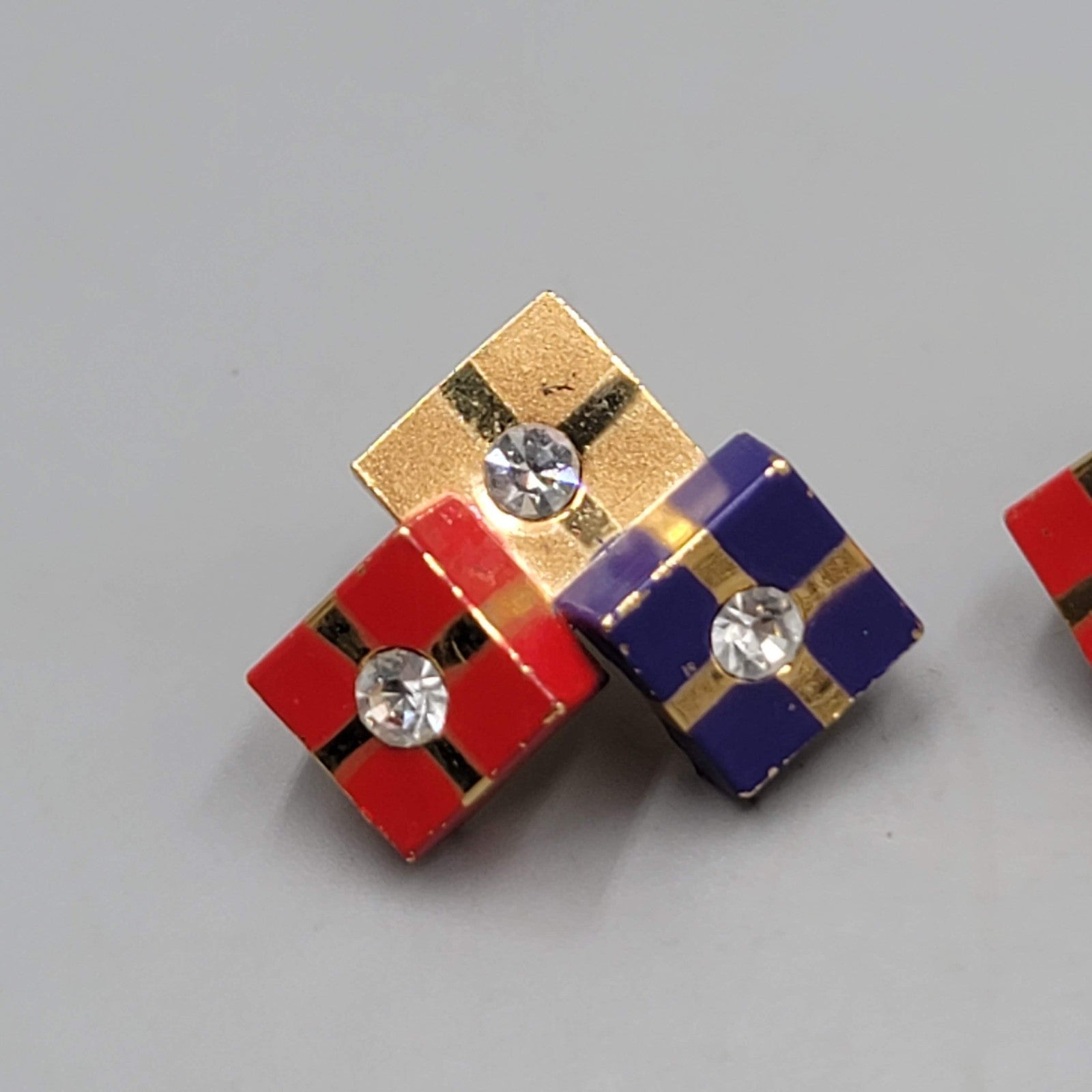Christmas Presents Pierced Earrings Red Blue Gold tone 7/8"