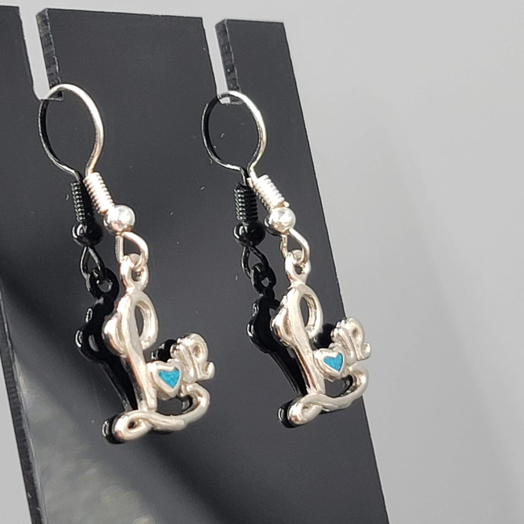 Vintage LOVE Pierced Earrings Crushed Turquoise Inlay Silver tone Dangle 5/8"