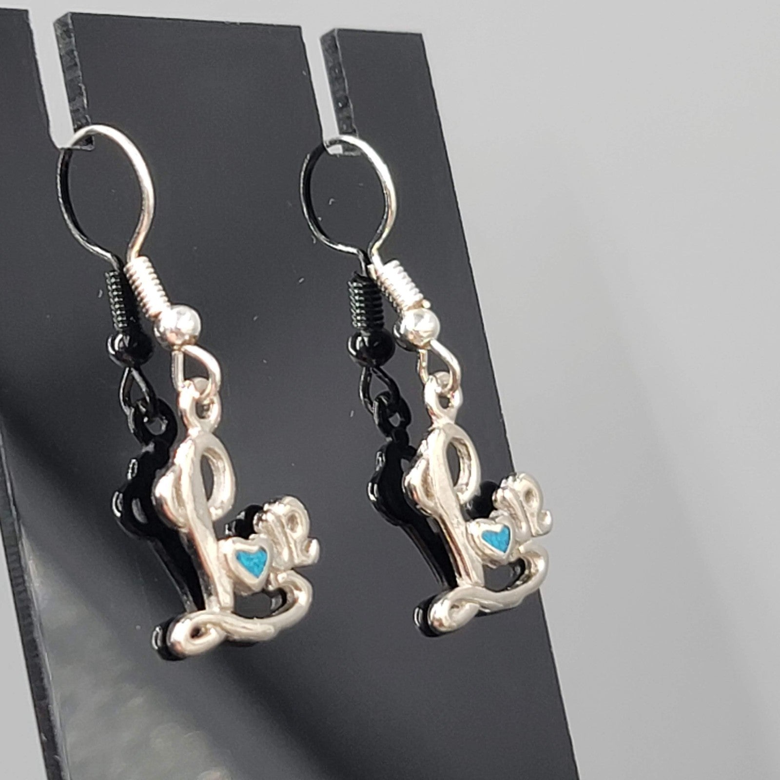 Vintage LOVE Pierced Earrings Crushed Turquoise Inlay Silver tone Dangle 5/8"