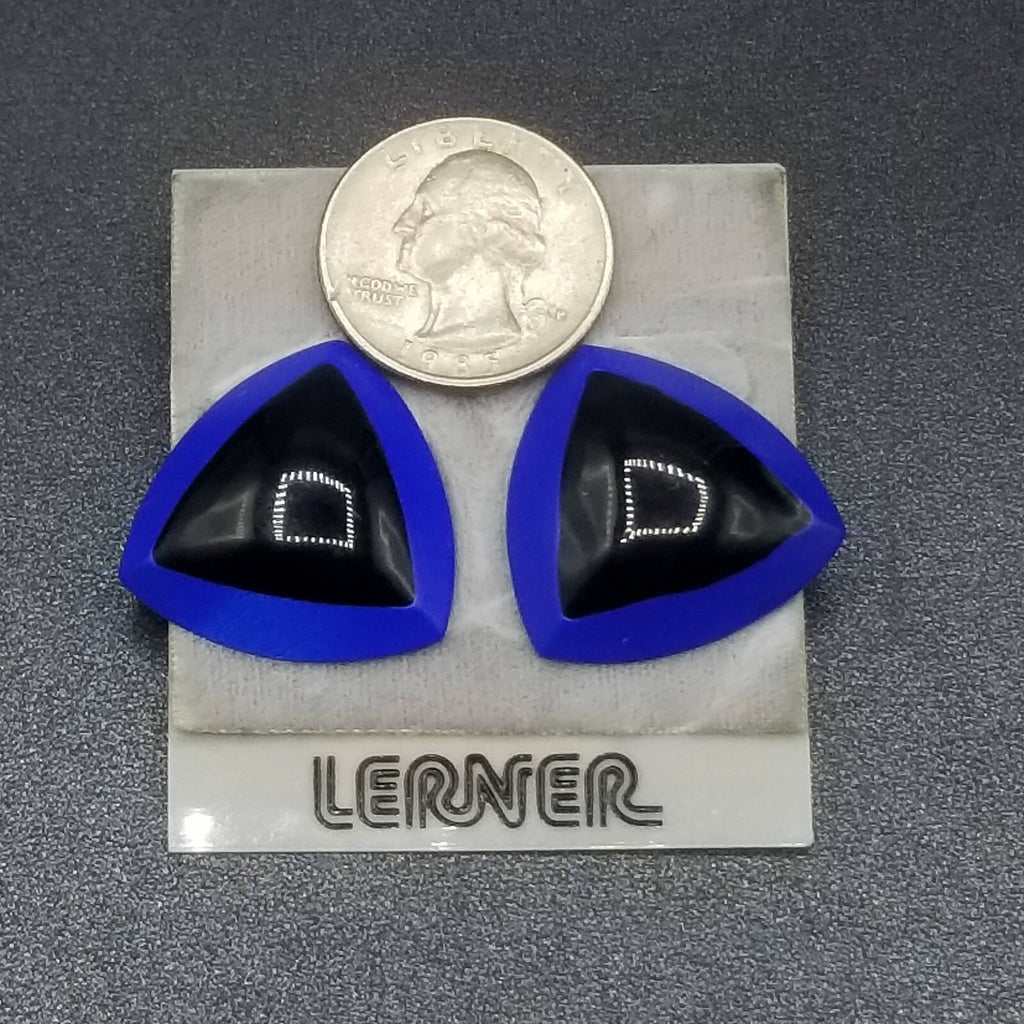 Vintage Pierced Earrings Blue Black Enamel Geometric Statement Drop 1"