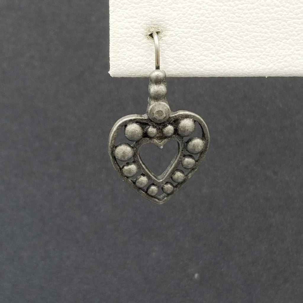 Pierced Earrings Pewter Beaded Open Heart Dangle Dark Gray 7/8"