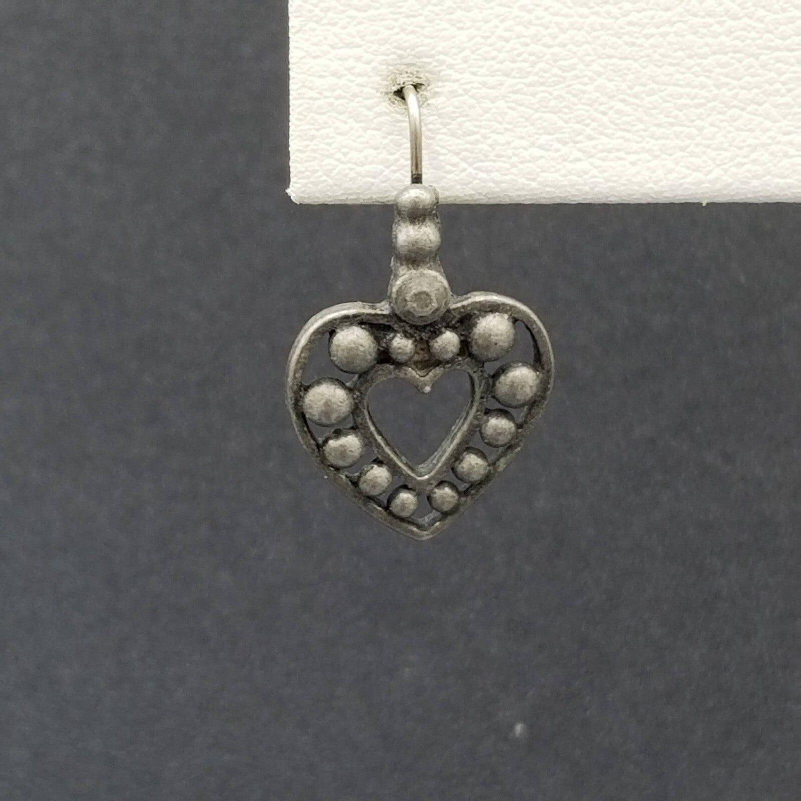 Pierced Earrings Pewter Beaded Open Heart Dangle Dark Gray 7/8"