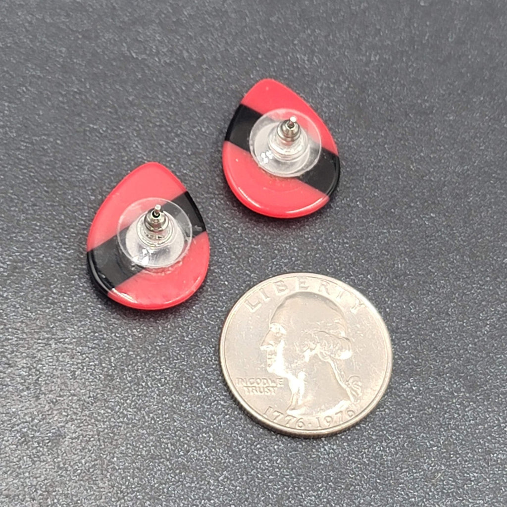 Vintage Pierced Earrings Acrylic Red Black Teardrop 7/8"