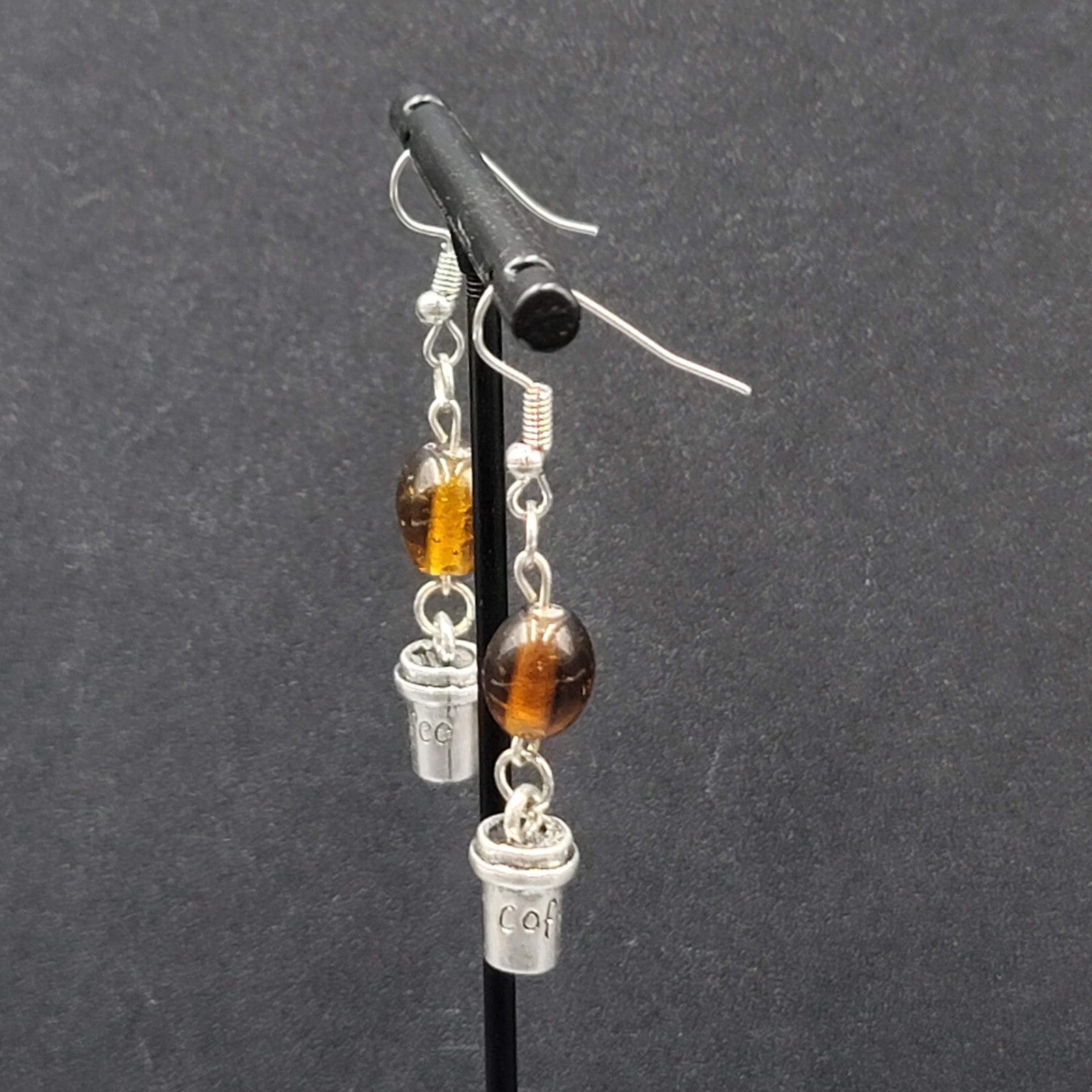 Coffee Pierced Earrings Silver tone Brown Glass Bead Dangle 1.25"