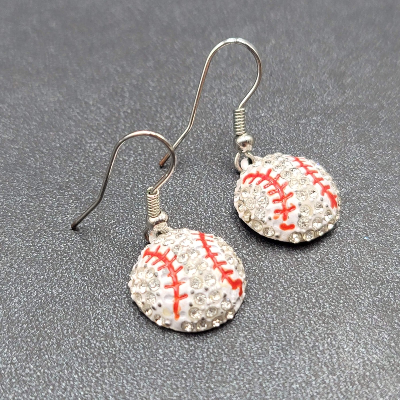 Baseball Pierced Earrings Rhinestone Enamel Dangle 3/4"