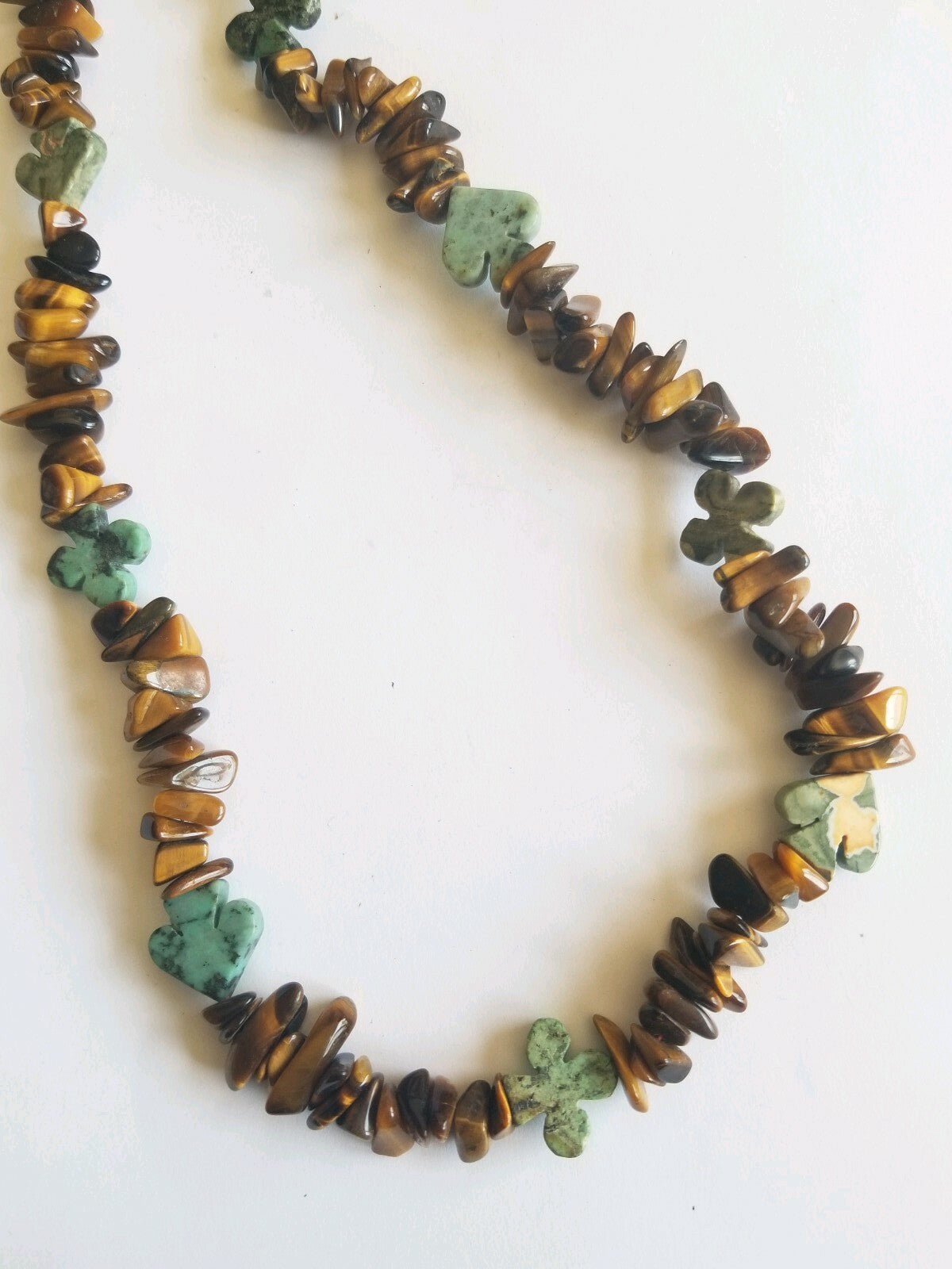 Vtg Tigers Eye Turquoise Stone Bead Necklace Spade Clover Shaped Stones Poker