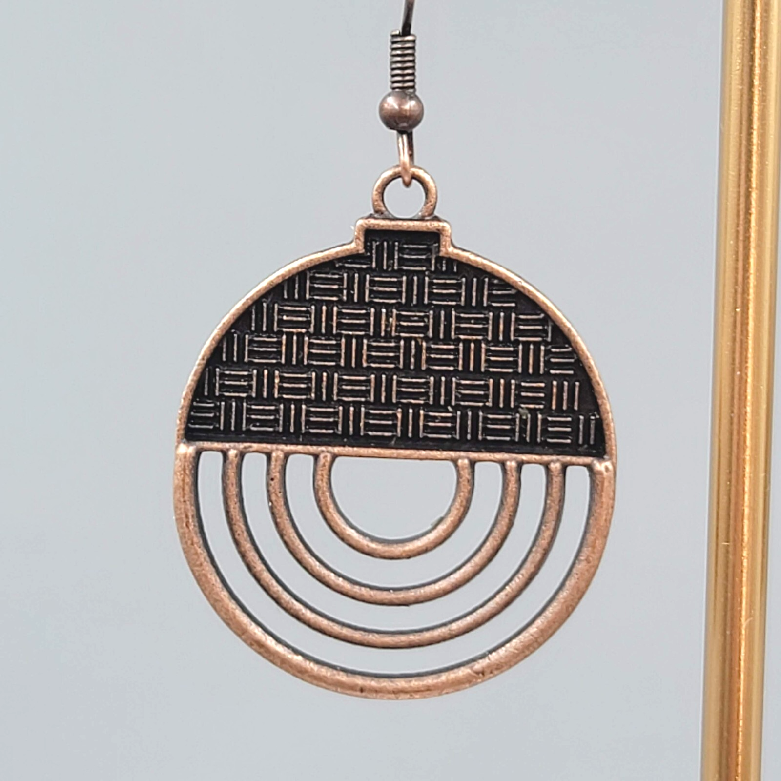 Bronze tone Dangle Pierced Earrings Textured Round Open Work Dangle 1 3/8"