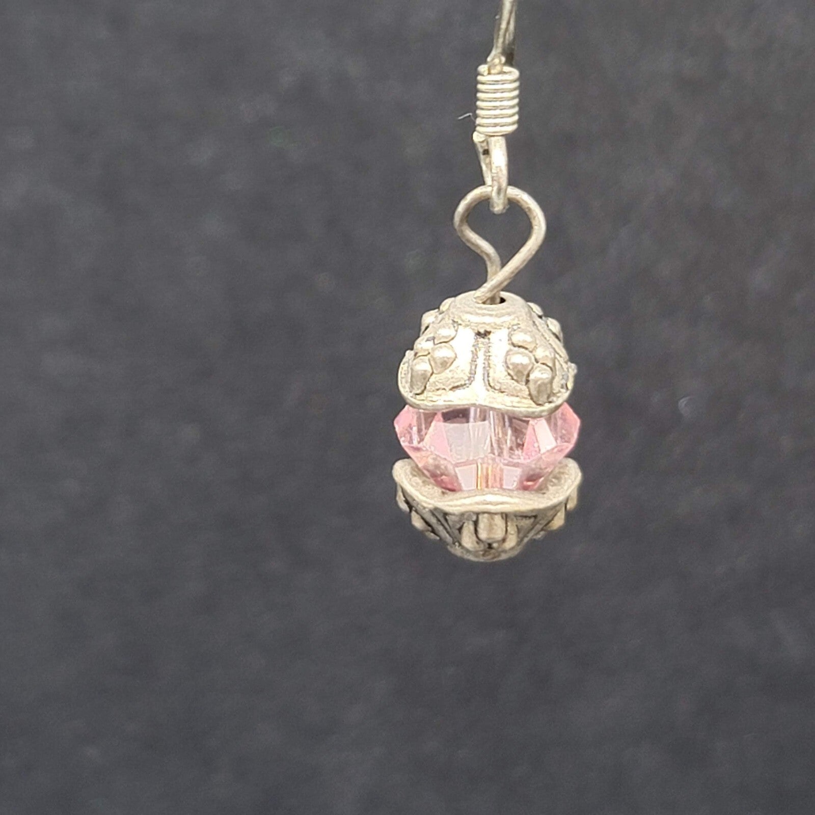 Pierced Earrings Silver tone Pink Crystal Bead Dangle 5/8"