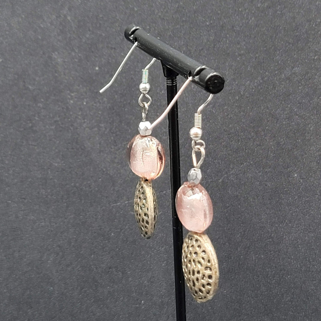 Pierced Earrings Silver tone Pink Glass Beaded Dangle 1.5"
