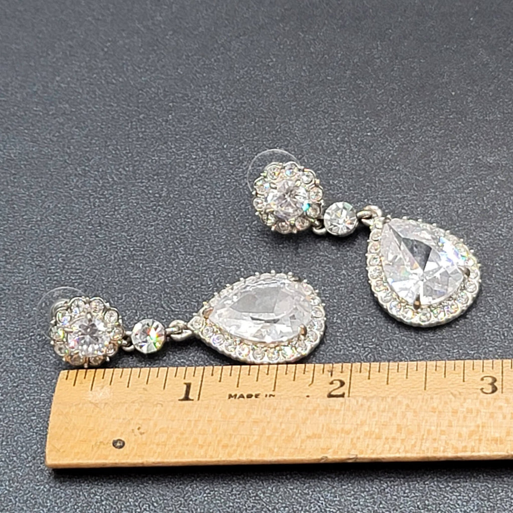 Pierced Earrings Silver tone Large Rhinestone Signed Wedding Prom Well Made 2"