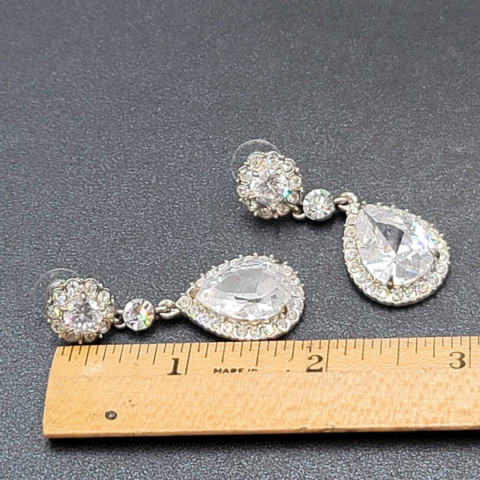 Pierced Earrings Silver tone Large Rhinestone Signed Wedding Prom Well Made 2"