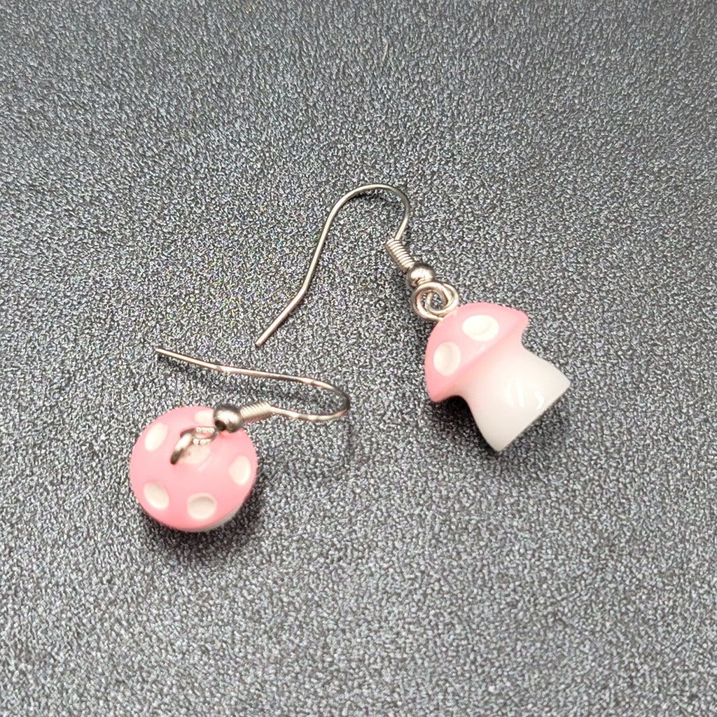 Pierced Earrings Pink White Polka Dot Mushroom Dangle  5/8"
