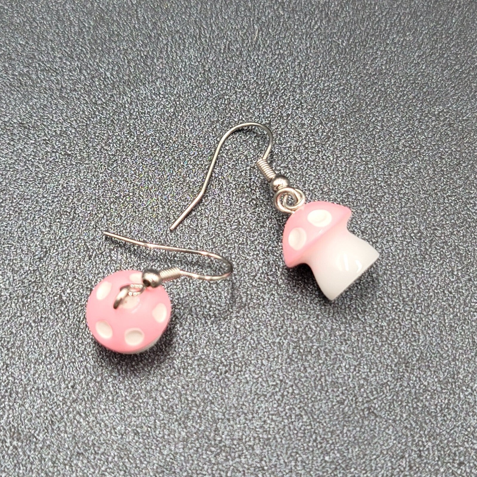 Pierced Earrings Pink White Polka Dot Mushroom Dangle  5/8"