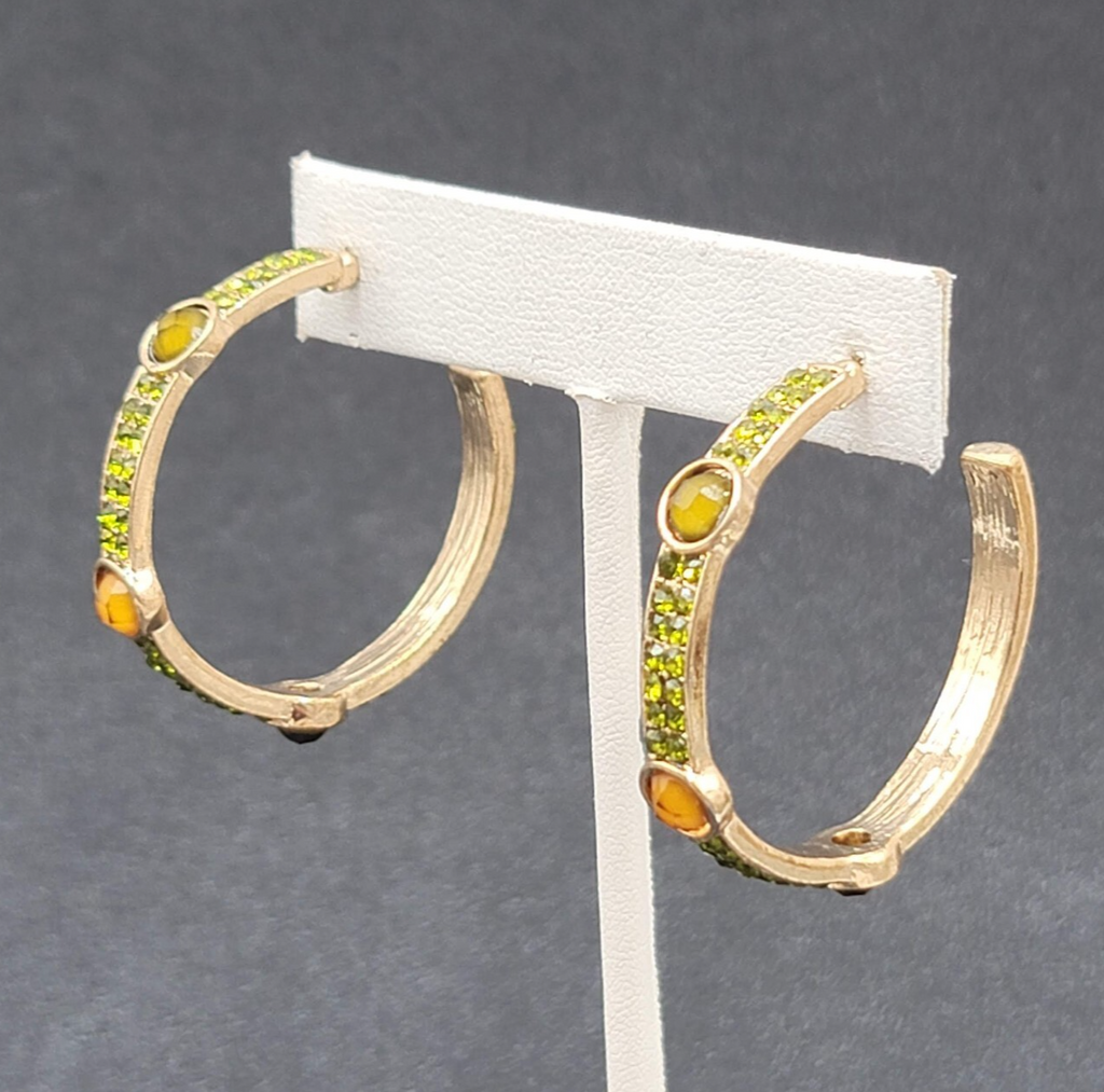 Pierced Earrings Gold tone Green Rhinestone Hoops 1 3/8"