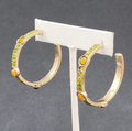 Pierced Earrings Gold tone Green Rhinestone Hoops 1 3/8"