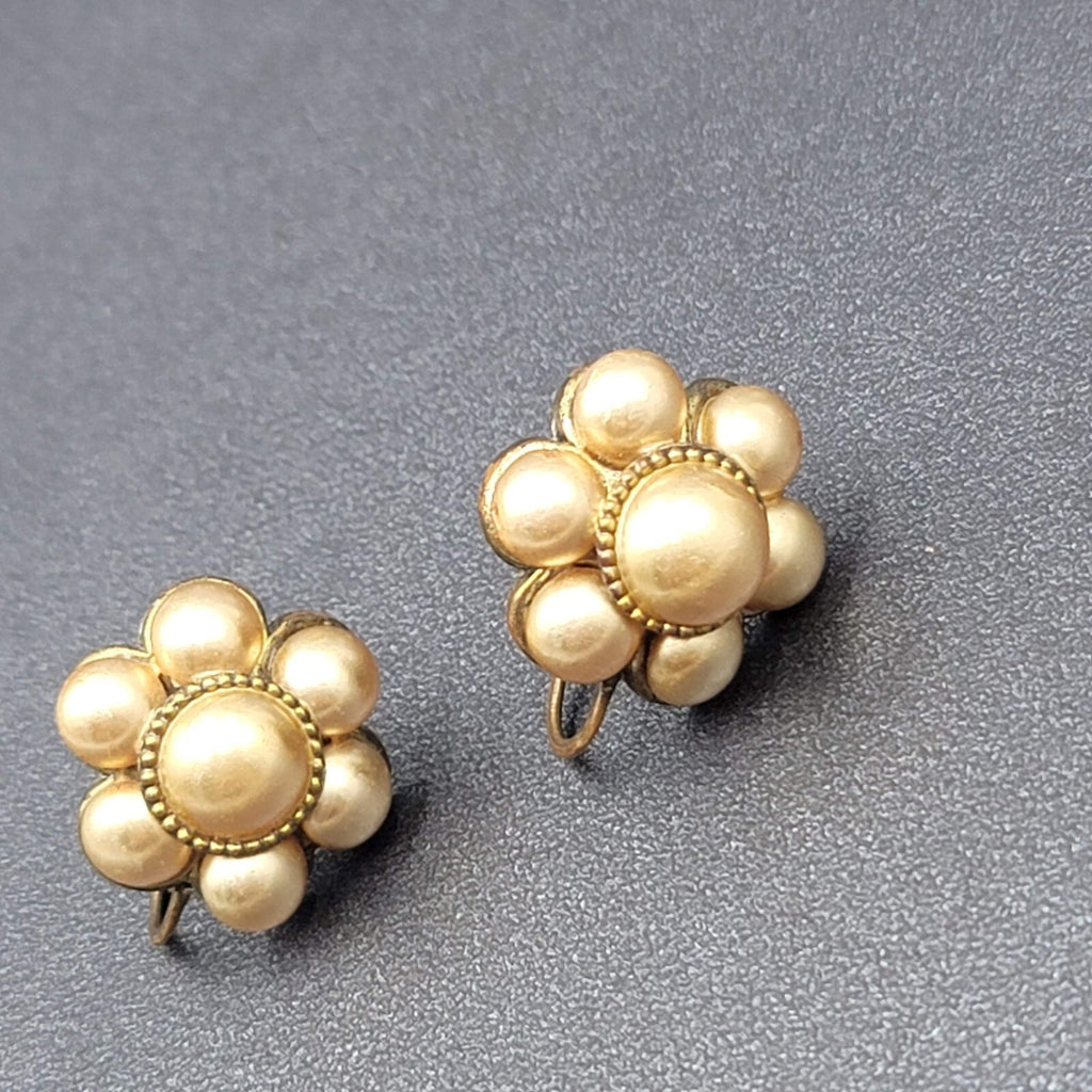 Vintage Clip on Earrings Bronze tone Gold Bead Flower Screw Back Studs 3/4"