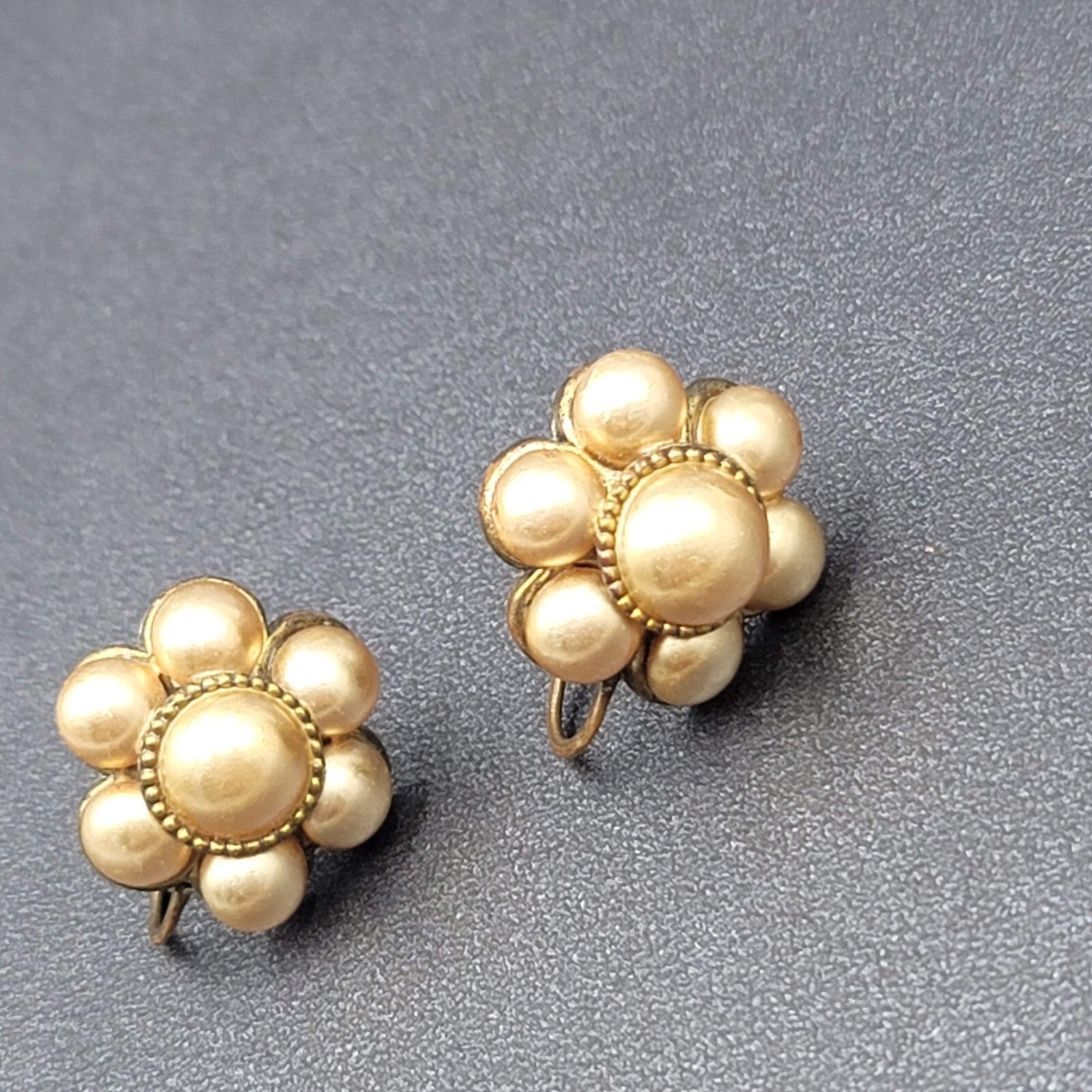 Vintage Clip on Earrings Bronze tone Gold Bead Flower Screw Back Studs 3/4"