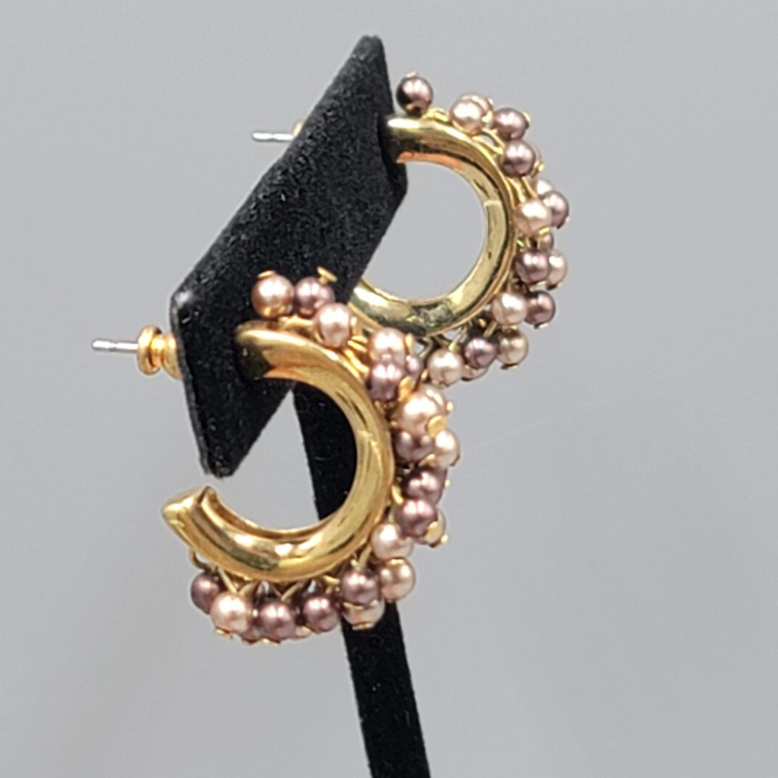 Multi tone Bead Hoops Pierced Earrings Gold tone Dangle 1"