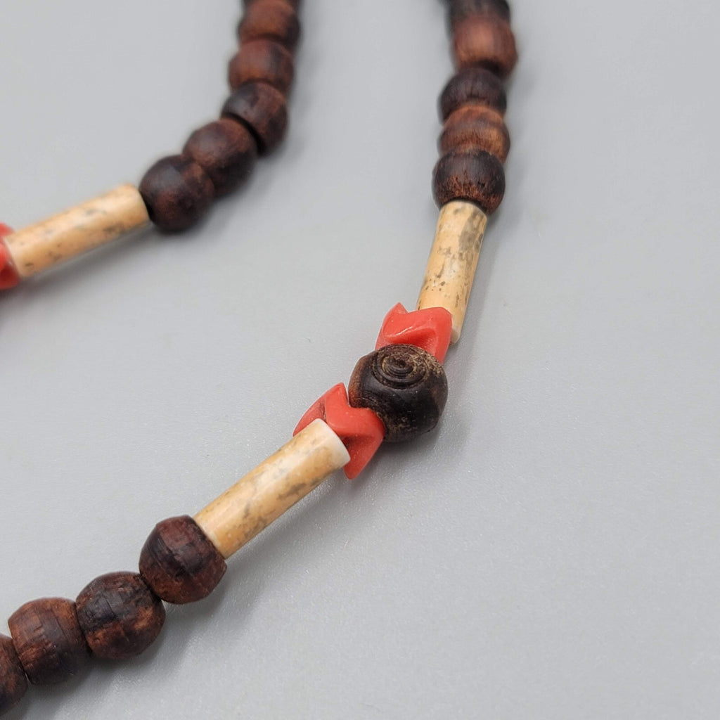 Artisan Boho Necklace Wood Bead Shell Ethnic 16"