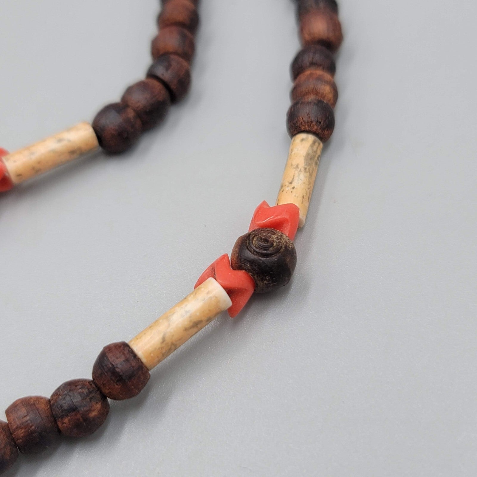 Artisan Boho Necklace Wood Bead Shell Ethnic 16"