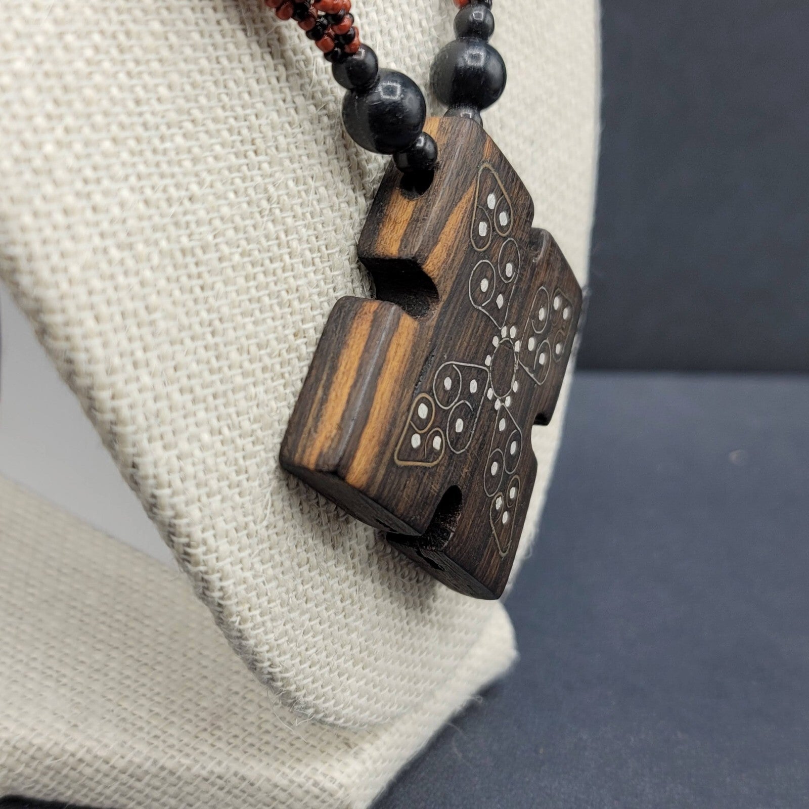 Artisan Boho Necklace Dark Red Seed Bead Wood Inlay Pendant Ethnic 18"