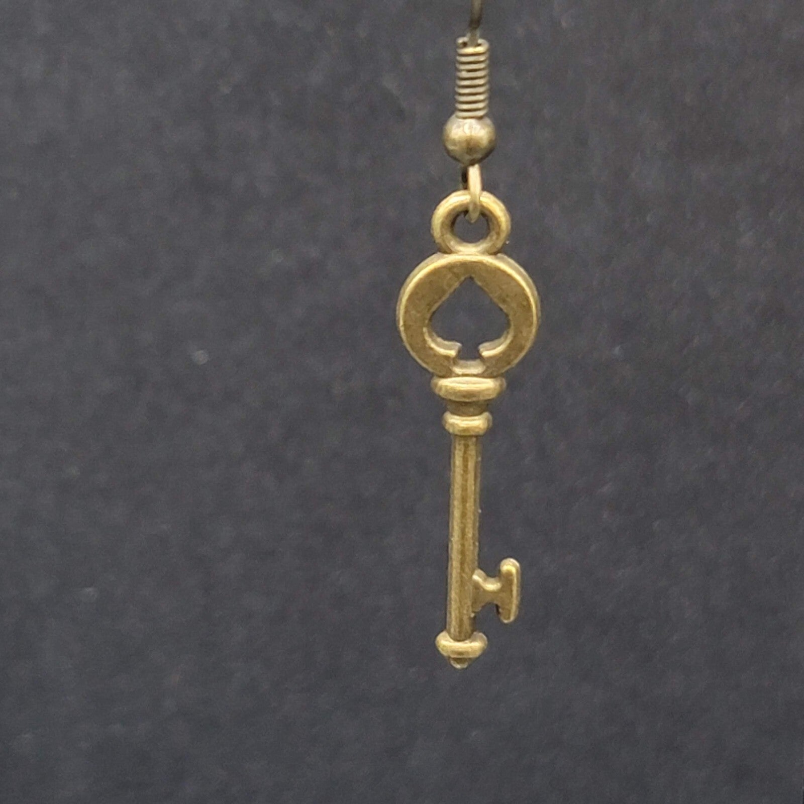 New Pierced Earrings Spade Skeleton Key Bronze tone Dangle 1 1/8"