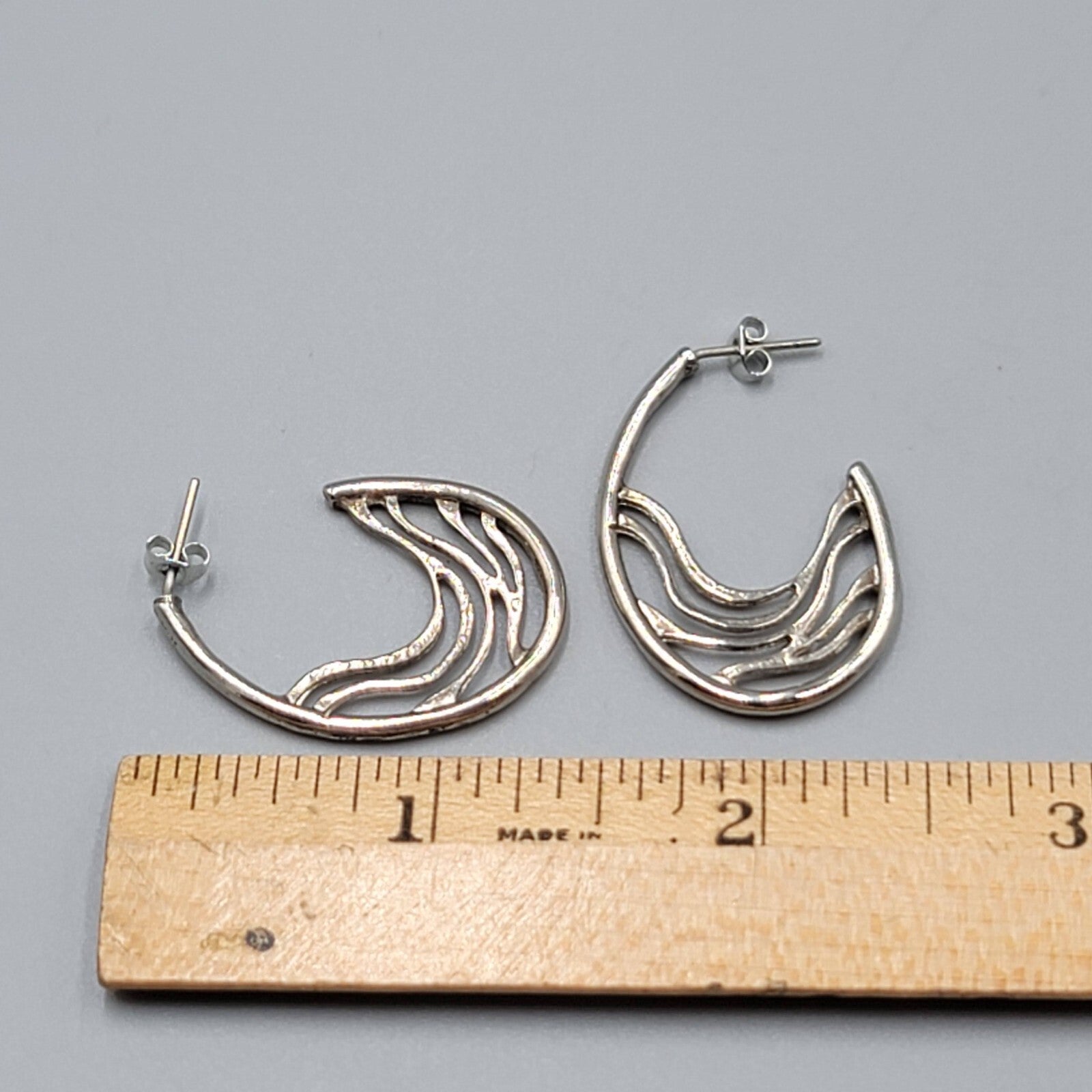 Filigree Hoops Pierced Earrings Silver tone Drop 1.25"