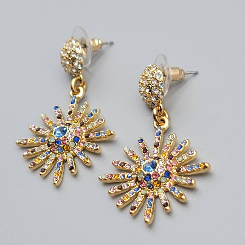 Pierced Earrings Gold tone Multicolor Crystal Starburst Sun Dangle 1.75"