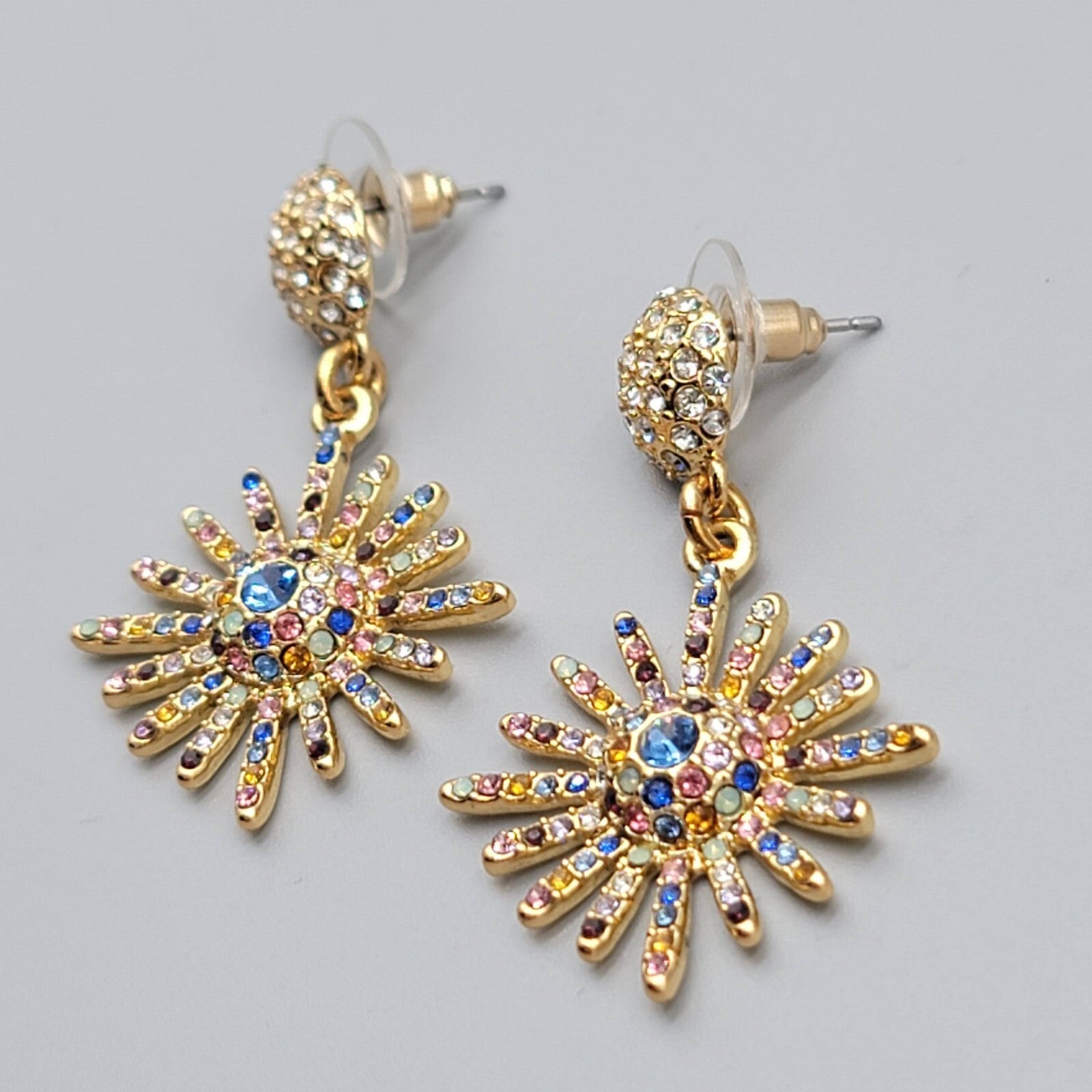 Pierced Earrings Gold tone Multicolor Crystal Starburst Sun Dangle 1.75"