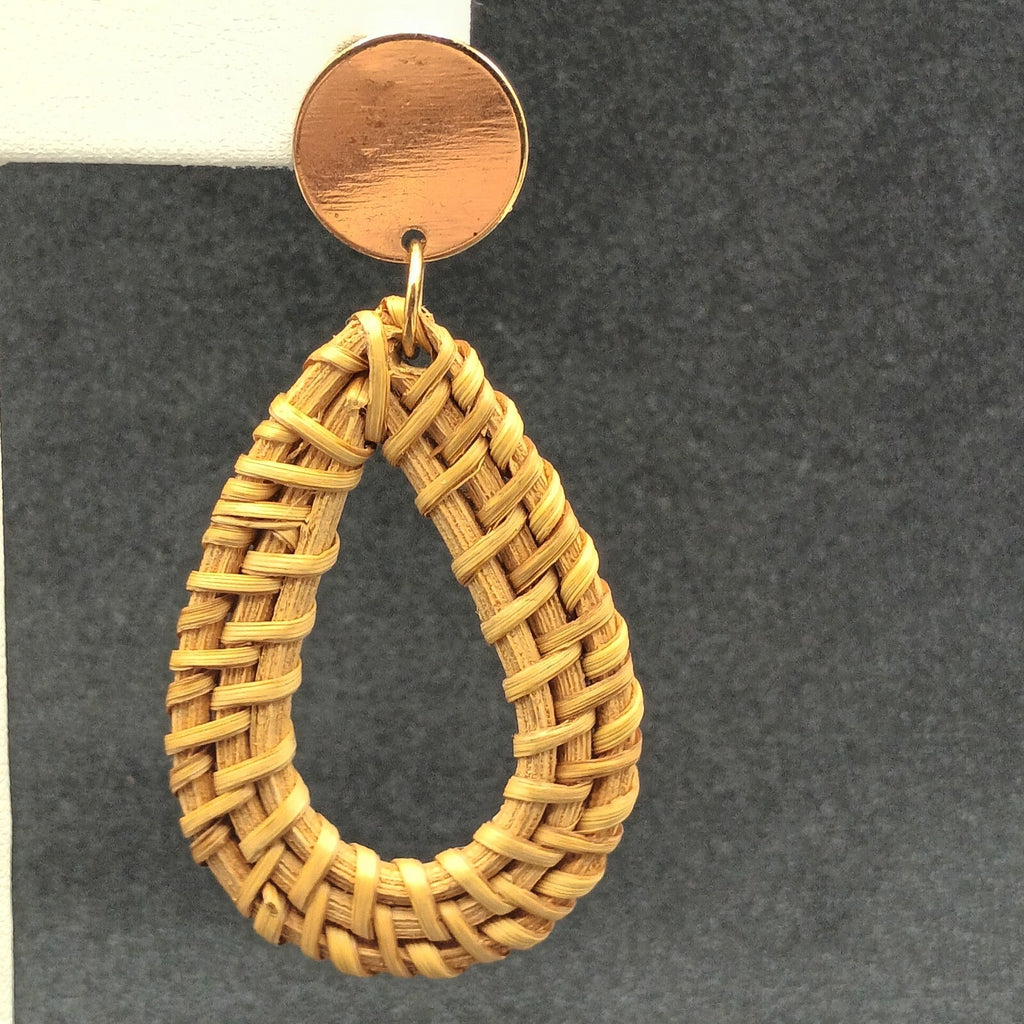 Pierced Earrings Gold tone Rattan Teardrop Statement Dangle 2 1/2"