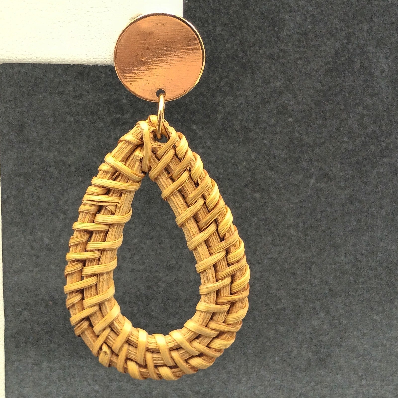 Pierced Earrings Gold tone Rattan Teardrop Statement Dangle 2 1/2"