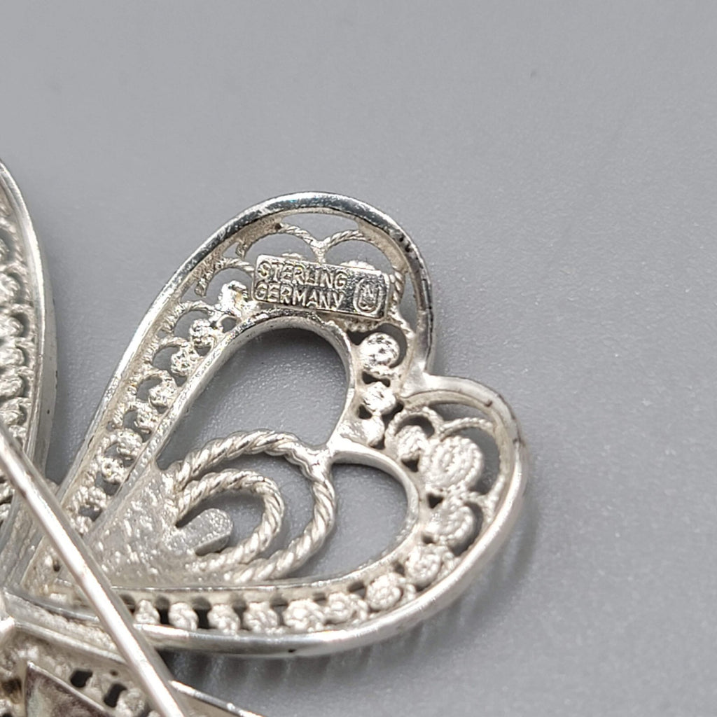 Vintage Sterling Silver Shamrock Filigree Brooch Germany 1 5/8"
