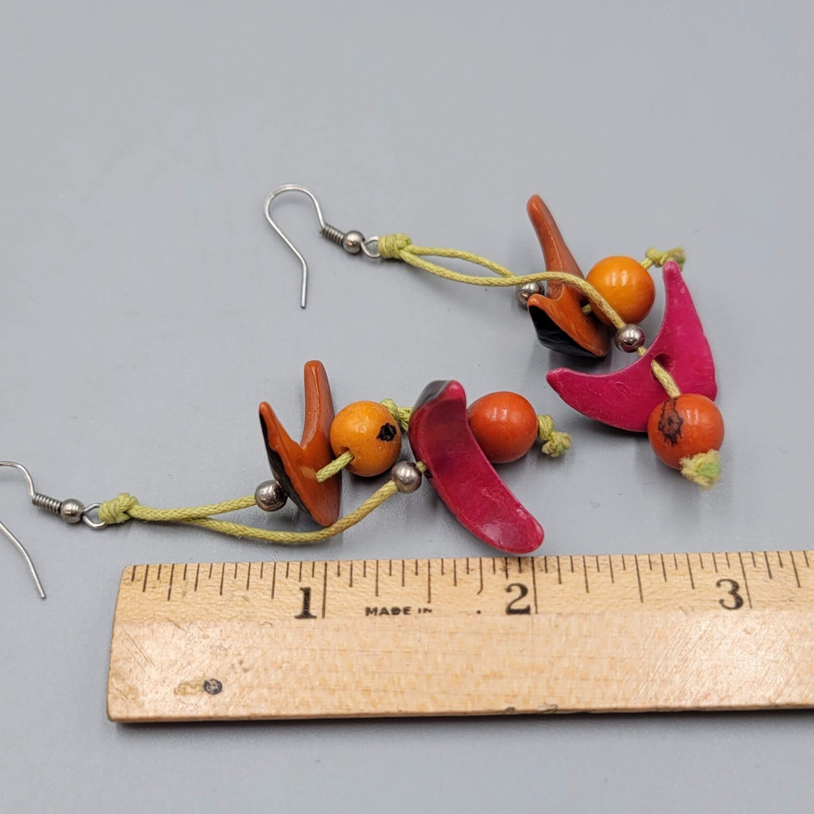 Vintage Real Nut Bead Pierced Earrings Multicolor Dangle 2.5"