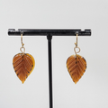 Pierced Earrings Brown Glass Leaf Dangle Bronze tone 1"