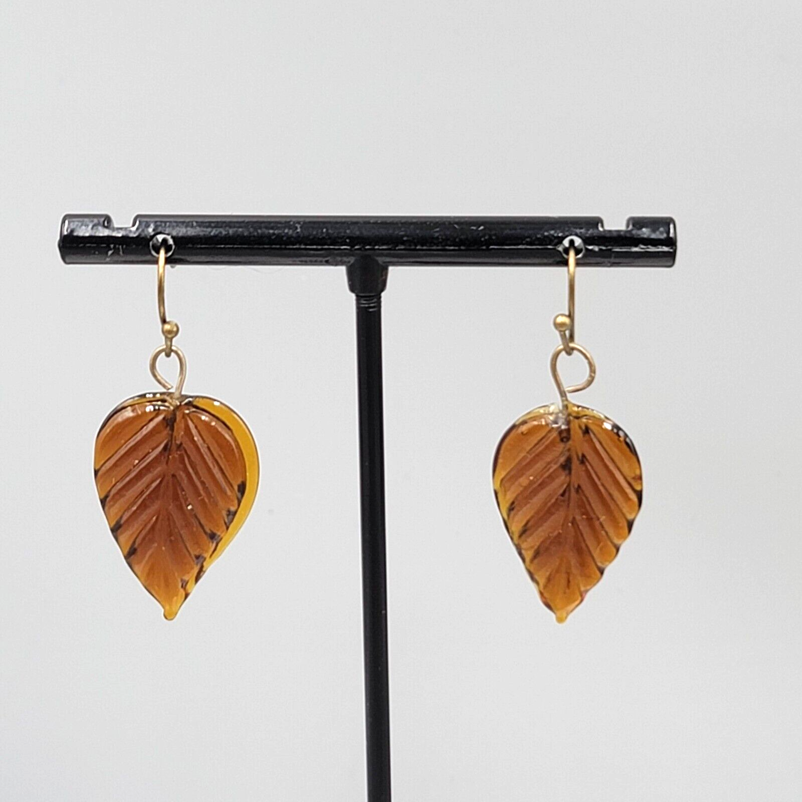 Pierced Earrings Brown Glass Leaf Dangle Bronze tone 1"