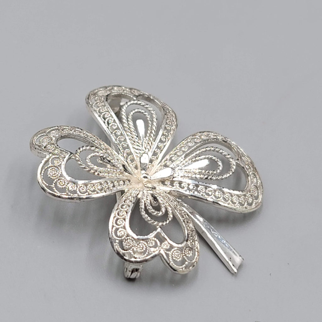 Vintage Sterling Silver Shamrock Filigree Brooch Germany 1 5/8"