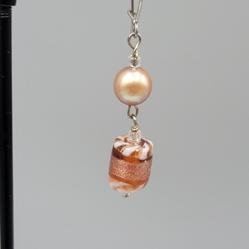 Art Glass Bead Pierced Earrings Silver tone Dangle 1.25"