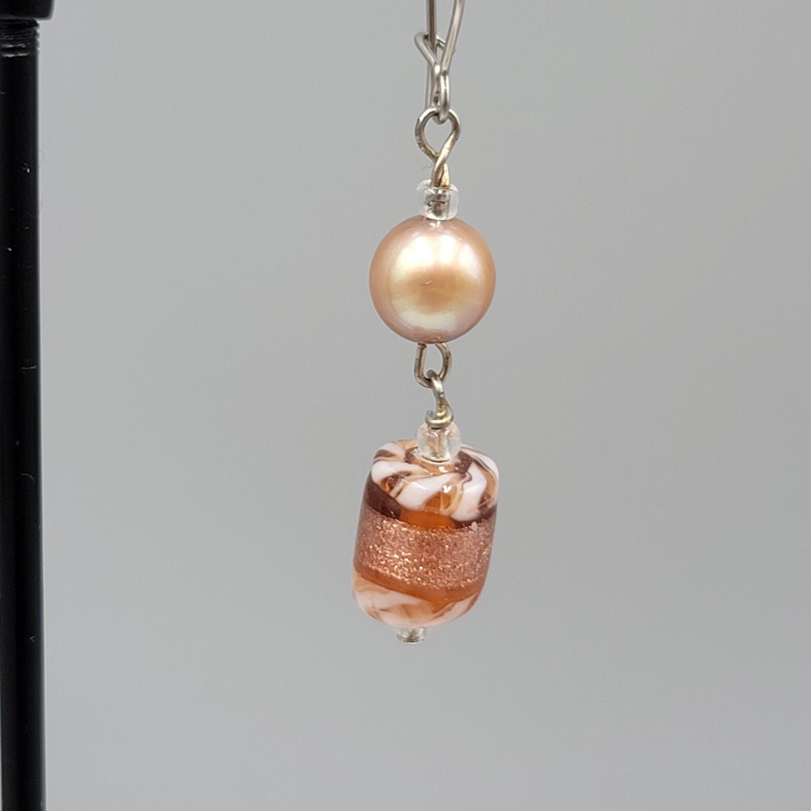 Art Glass Bead Pierced Earrings Silver tone Dangle 1.25"