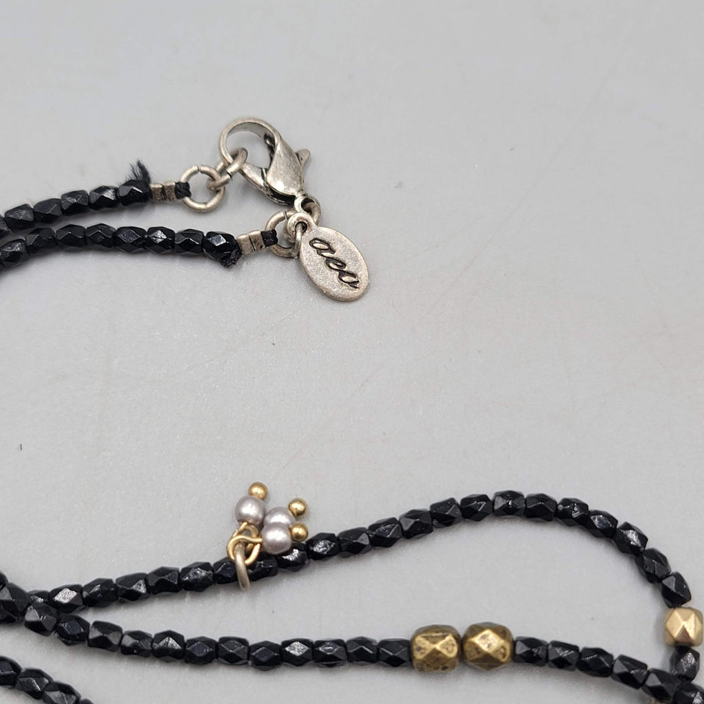 AEO American Eagle Outfitters Necklace Black Seed Bead Gold tone Charms Long 36"