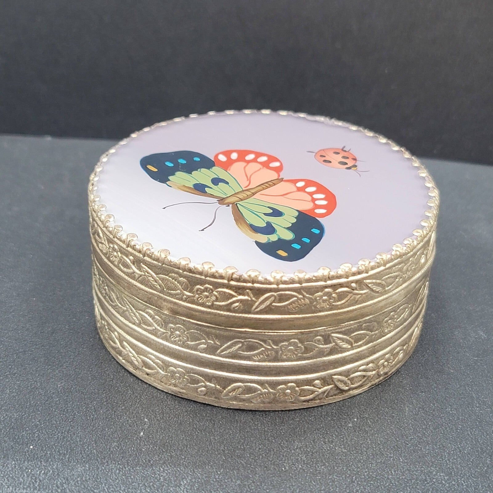 Mirror Trinket Box Reverse Painted On Glass Butterfly Ladybug 3.25”