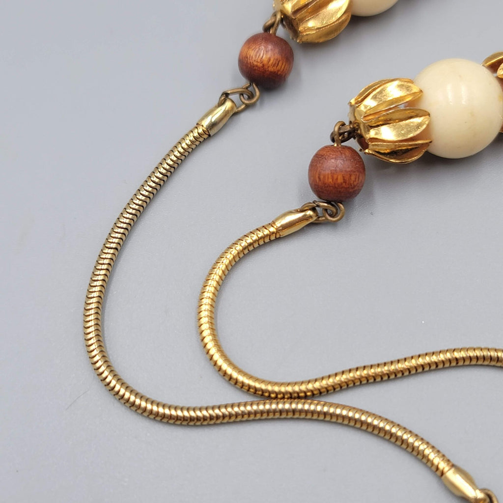 Vintage Long Station Wood Bead Necklace Snake Chain 34" Estate Costume Jewelry