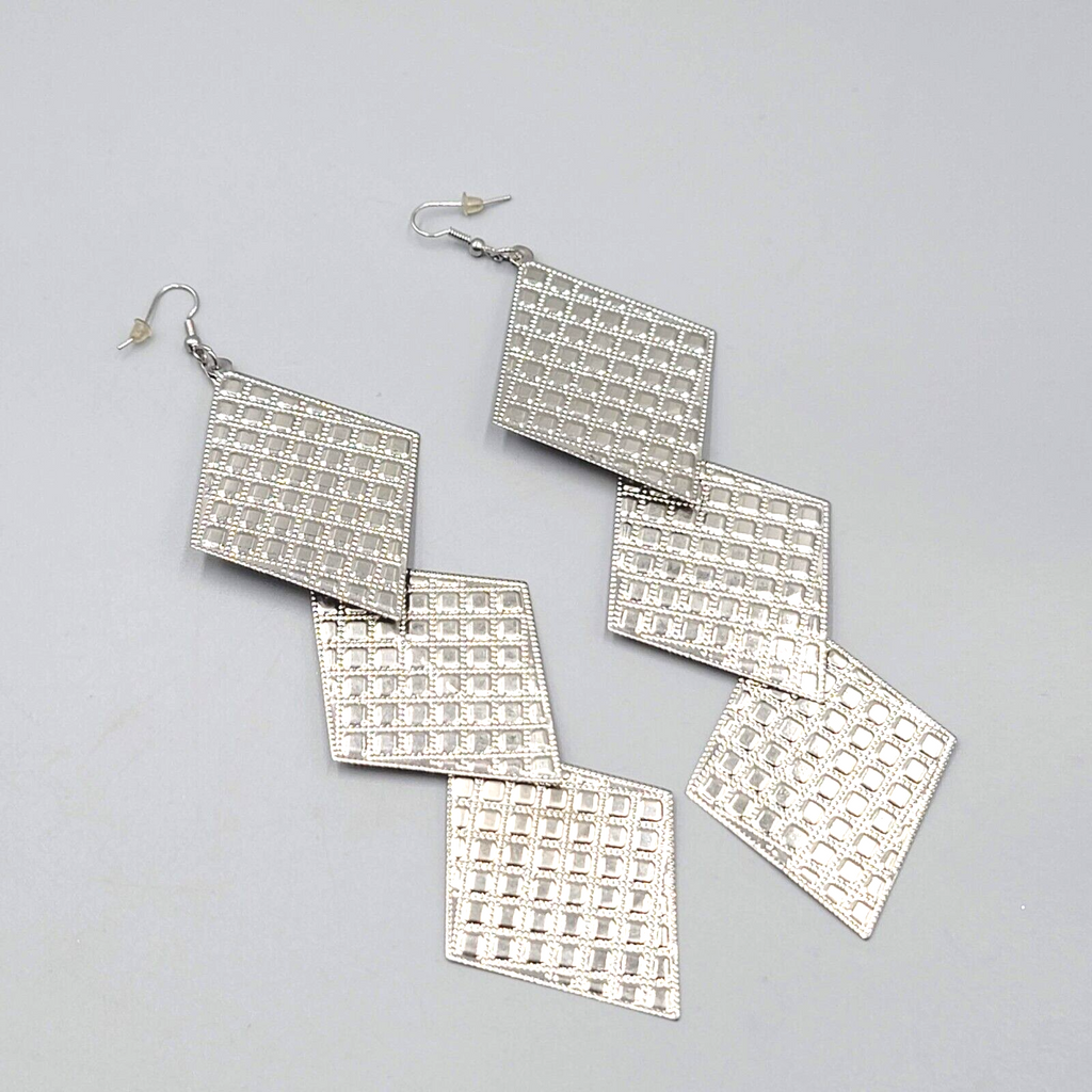 Extra Long Statement Pierced Earrings Silver tone Embossed 5.5"
