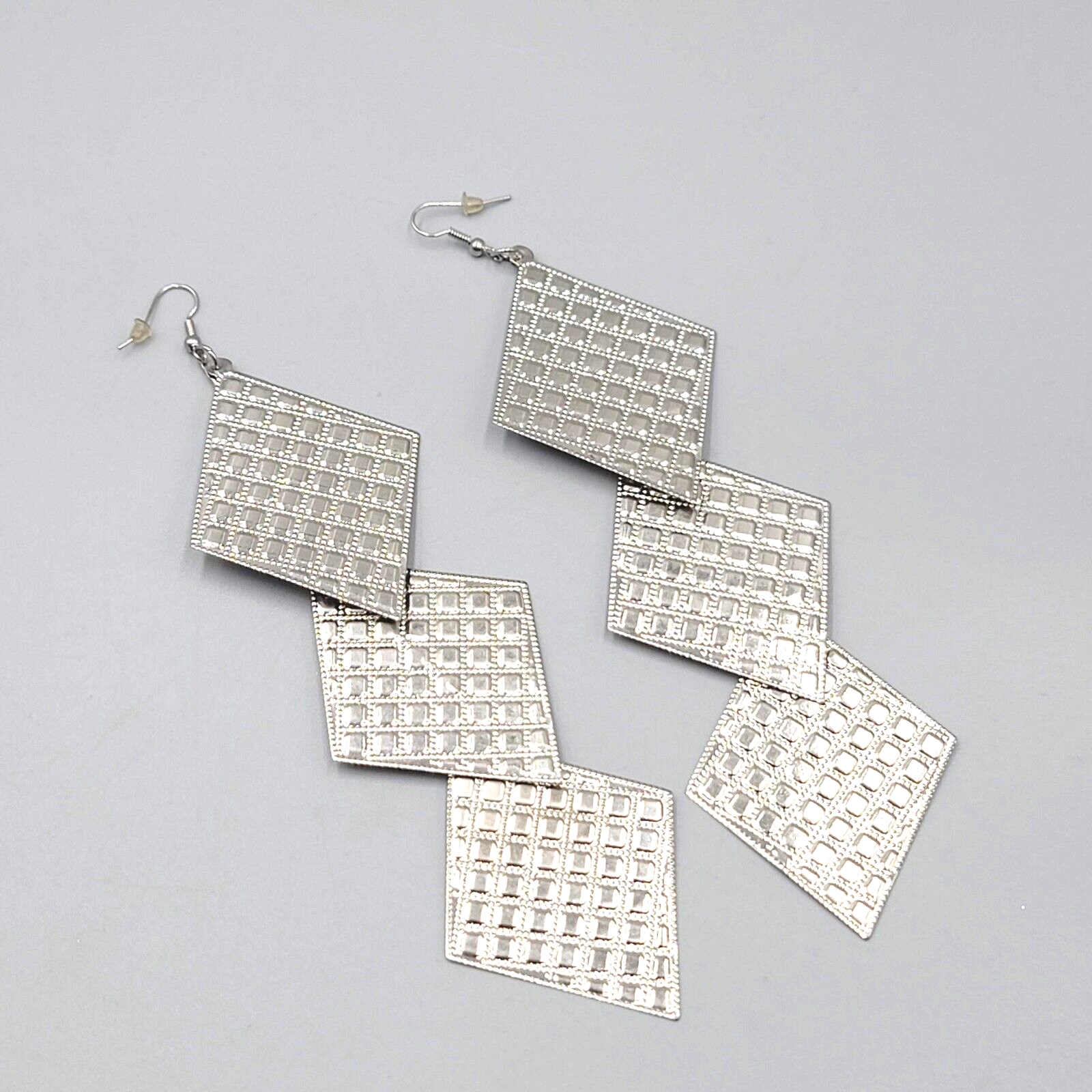 Extra Long Statement Pierced Earrings Silver tone Embossed 5.5"