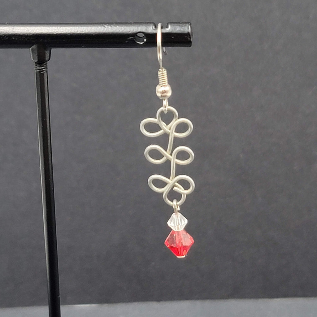 Pierced Earrings Silver tone Wire Red Crystal Bead 1.25"
